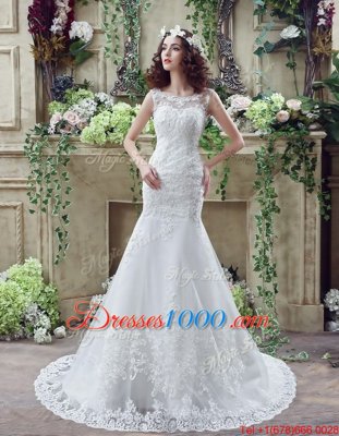 Chic Mermaid Scoop See Through Sleeveless Lace Brush Train Backless Wedding Gowns in White for with Beading and Appliques