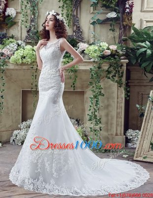 Chic Mermaid Scoop See Through Sleeveless Lace Brush Train Backless Wedding Gowns in White for with Beading and Appliques