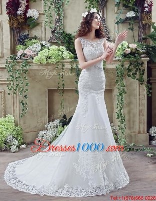 Chic Mermaid Scoop See Through Sleeveless Lace Brush Train Backless Wedding Gowns in White for with Beading and Appliques