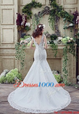 Chic Mermaid Scoop See Through Sleeveless Lace Brush Train Backless Wedding Gowns in White for with Beading and Appliques