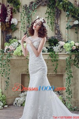 Chic Mermaid Scoop See Through Sleeveless Lace Brush Train Backless Wedding Gowns in White for with Beading and Appliques