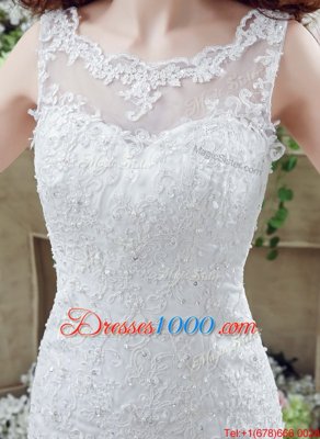 Chic Mermaid Scoop See Through Sleeveless Lace Brush Train Backless Wedding Gowns in White for with Beading and Appliques