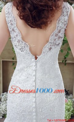 Chic Mermaid Scoop See Through Sleeveless Lace Brush Train Backless Wedding Gowns in White for with Beading and Appliques