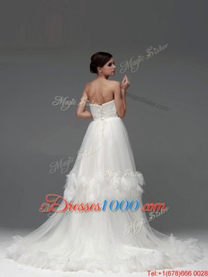 Fitting Tulle Sleeveless With Train Wedding Dresses Brush Train and Ruffled Layers and Ruching