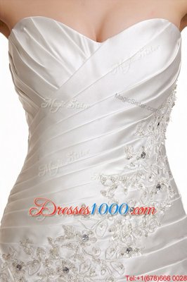Beading and Pick Ups Wedding Gowns White Lace Up Sleeveless With Train Chapel Train