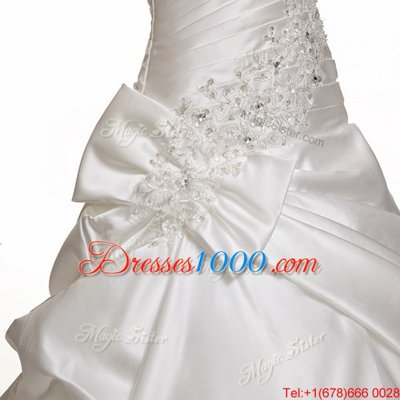 Beading and Pick Ups Wedding Gowns White Lace Up Sleeveless With Train Chapel Train