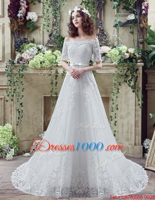 Eye-catching Off The Shoulder Short Sleeves Court Train Lace Up Wedding Dresses White Lace