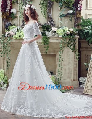 Eye-catching Off The Shoulder Short Sleeves Court Train Lace Up Wedding Dresses White Lace