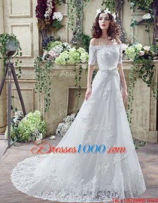 Eye-catching Off The Shoulder Short Sleeves Court Train Lace Up Wedding Dresses White Lace