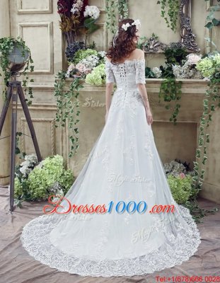 Eye-catching Off The Shoulder Short Sleeves Court Train Lace Up Wedding Dresses White Lace