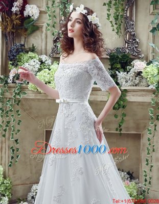 Eye-catching Off The Shoulder Short Sleeves Court Train Lace Up Wedding Dresses White Lace