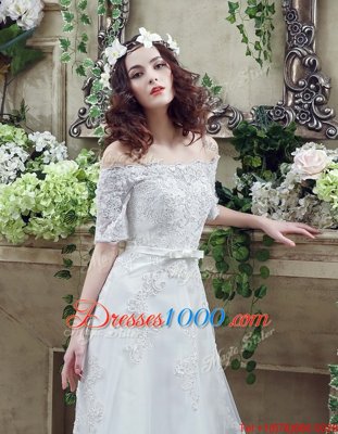 Eye-catching Off The Shoulder Short Sleeves Court Train Lace Up Wedding Dresses White Lace