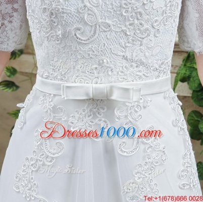 Eye-catching Off The Shoulder Short Sleeves Court Train Lace Up Wedding Dresses White Lace