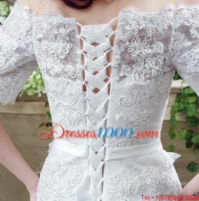 Eye-catching Off The Shoulder Short Sleeves Court Train Lace Up Wedding Dresses White Lace