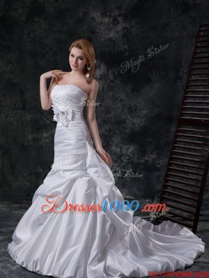 Stylish Pick Ups With Train Mermaid Sleeveless White Wedding Dresses Brush Train Lace Up