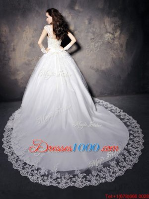 White A-line Tulle Sweetheart Cap Sleeves Beading and Appliques With Train Lace Up Bridal Gown Court Train
