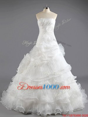 Modest White Strapless Lace Up Ruffled Layers Wedding Dress Court Train Sleeveless