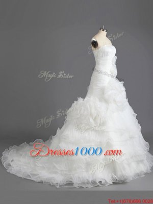 Modest White Strapless Lace Up Ruffled Layers Wedding Dress Court Train Sleeveless