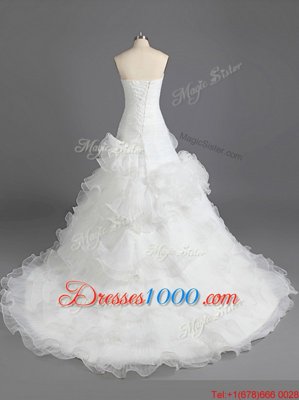 Modest White Strapless Lace Up Ruffled Layers Wedding Dress Court Train Sleeveless