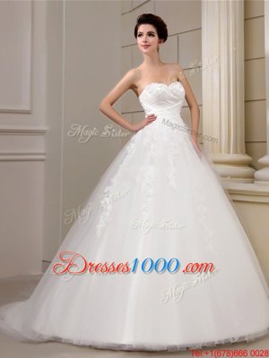 White Tulle Lace Up Sweetheart Sleeveless With Train Bridal Gown Court Train Appliques