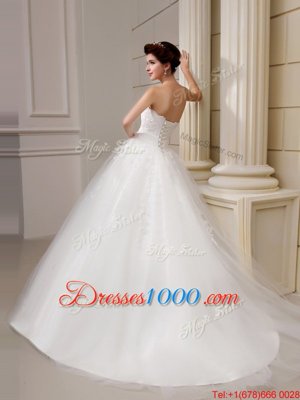 White Tulle Lace Up Sweetheart Sleeveless With Train Bridal Gown Court Train Appliques