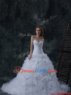 Dramatic Strapless Sleeveless Brush Train Lace Up Wedding Gowns White Organza