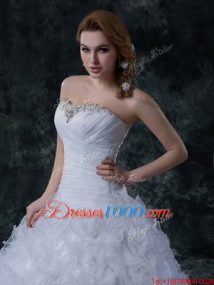 Traditional With Train White Bridal Gown Strapless Sleeveless Court Train Lace Up