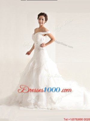 Chic Organza Off The Shoulder Sleeveless Court Train Zipper Beading and Ruffles Wedding Gowns in White