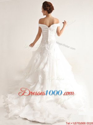 Chic Organza Off The Shoulder Sleeveless Court Train Zipper Beading and Ruffles Wedding Gowns in White