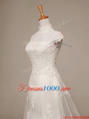 Hot Sale White High-neck Clasp Handle Beading and Lace and Appliques Bridal Gown Brush Train Cap Sleeves