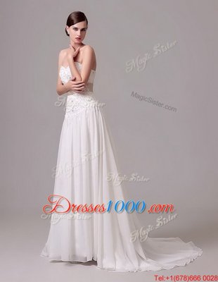 Eye-catching White Sleeveless Chiffon Brush Train Lace Up Bridal Gown for Wedding Party