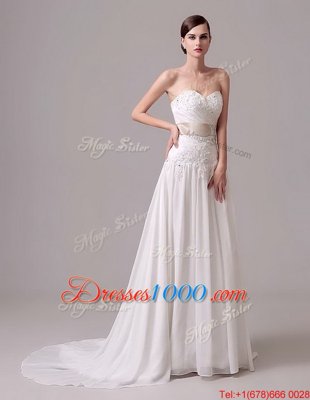 Eye-catching White Sleeveless Chiffon Brush Train Lace Up Bridal Gown for Wedding Party