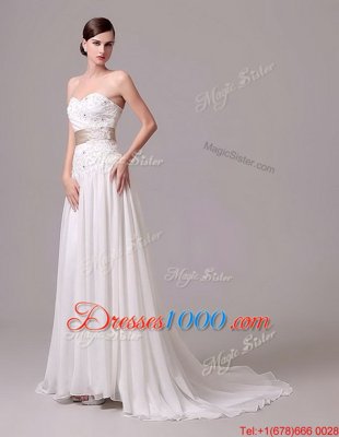 Eye-catching White Sleeveless Chiffon Brush Train Lace Up Bridal Gown for Wedding Party