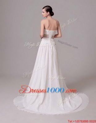 Eye-catching White Sleeveless Chiffon Brush Train Lace Up Bridal Gown for Wedding Party