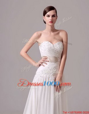 Eye-catching White Sleeveless Chiffon Brush Train Lace Up Bridal Gown for Wedding Party