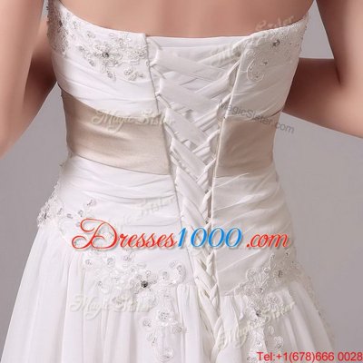 Eye-catching White Sleeveless Chiffon Brush Train Lace Up Bridal Gown for Wedding Party