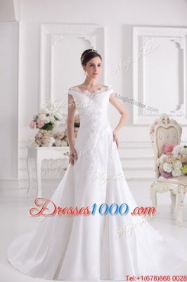 Glorious Off the Shoulder White Wedding Gown Wedding Party and For with Beading and Appliques Scalloped Sleeveless Court Train Zipper