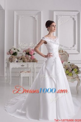 Glorious Off the Shoulder White Wedding Gown Wedding Party and For with Beading and Appliques Scalloped Sleeveless Court Train Zipper