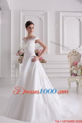 Glorious Off the Shoulder White Wedding Gown Wedding Party and For with Beading and Appliques Scalloped Sleeveless Court Train Zipper