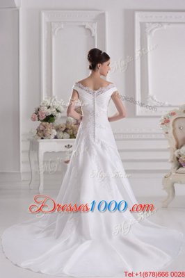 Glorious Off the Shoulder White Wedding Gown Wedding Party and For with Beading and Appliques Scalloped Sleeveless Court Train Zipper