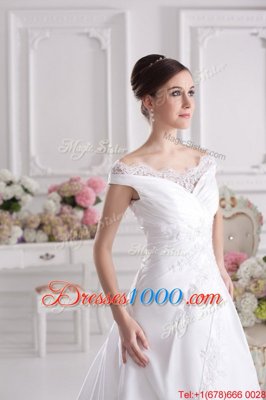 Glorious Off the Shoulder White Wedding Gown Wedding Party and For with Beading and Appliques Scalloped Sleeveless Court Train Zipper