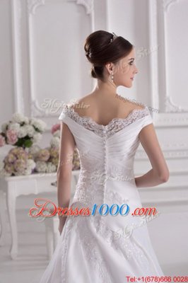 Glorious Off the Shoulder White Wedding Gown Wedding Party and For with Beading and Appliques Scalloped Sleeveless Court Train Zipper