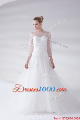 Delicate Tulle Scoop 3|4 Length Sleeve Brush Train Zipper Appliques Wedding Gowns in White