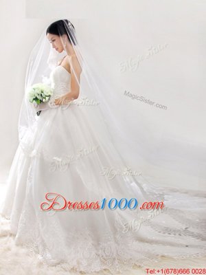 Decent White Sleeveless Chapel Train Lace and Appliques With Train Wedding Gowns