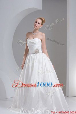Beading and Ruching Wedding Gown White Zipper Sleeveless Floor Length