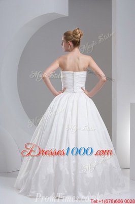 Beading and Ruching Wedding Gown White Zipper Sleeveless Floor Length