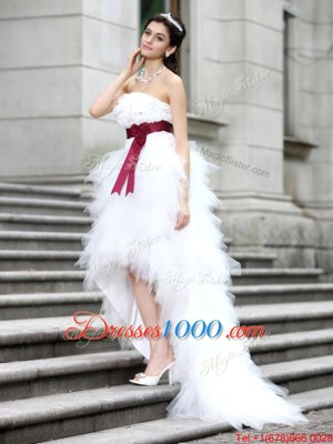 Organza Sleeveless High Low Wedding Gowns and Ruffles and Belt and Hand Made Flower