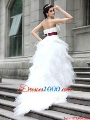 Organza Sleeveless High Low Wedding Gowns and Ruffles and Belt and Hand Made Flower