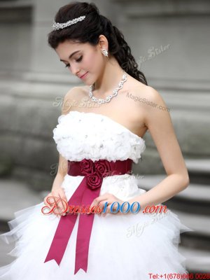 Organza Sleeveless High Low Wedding Gowns and Ruffles and Belt and Hand Made Flower