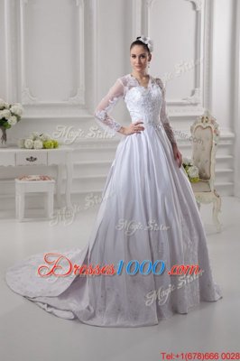 Smart Scalloped White Satin Zipper Wedding Dress Long Sleeves Court Train Lace